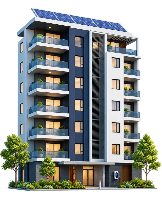 Modern all-electric apartment building with rooftop solar and EV charging